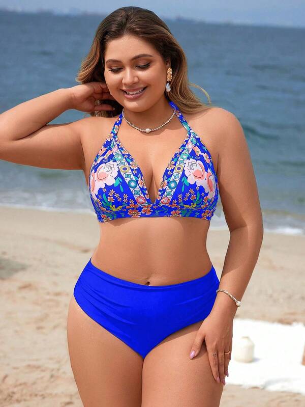 Biquíni Frente Única Cintura Alta Estampado Floral Plus Size