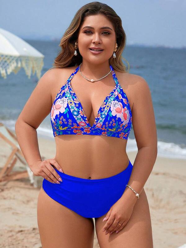 Biquíni Frente Única Cintura Alta Estampado Floral Plus Size