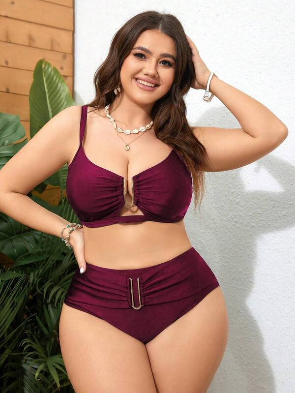 Biquíni Cintura Alta Franzido Com Aviamento Modelador Plus Size