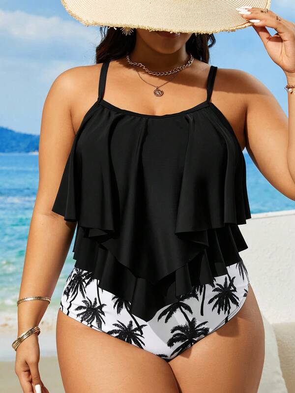 Tankini Alças Finas Com Babados Em Camadas Solto Plus Size