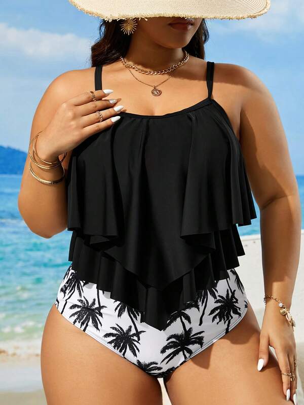 Tankini Alças Finas Com Babados Em Camadas Solto Plus Size