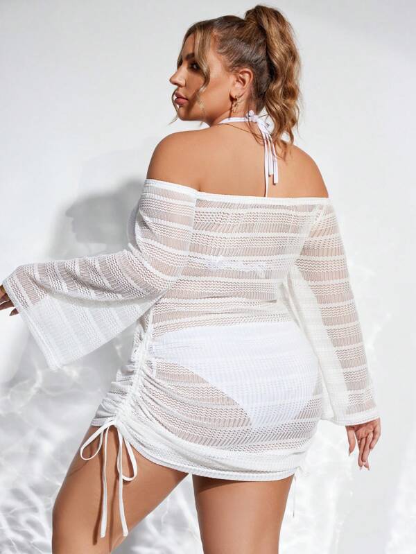 Saída De Praia Crochê Curta Ombro A Ombro Com Amarração Plus Size