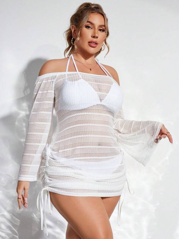 Saída De Praia Crochê Curta Ombro A Ombro Com Amarração Plus Size