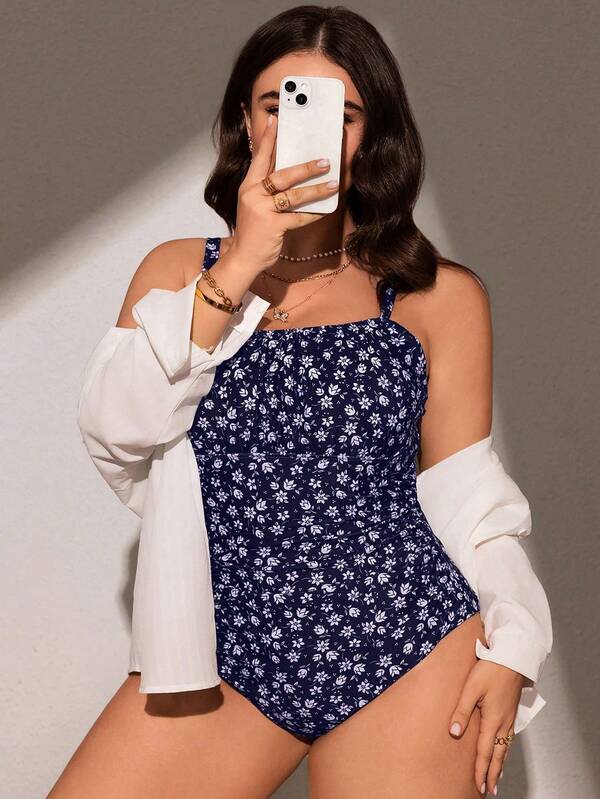 Maiô Regata Franzido Estampado Floral Clássico Plus Size