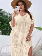 Saída De Praia Kaftan Longo Em Crochê Com Transparência Plus Size