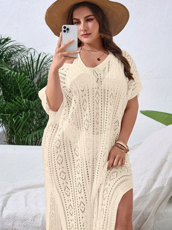 Saída De Praia Kaftan Longo Em Crochê Com Transparência Plus Size