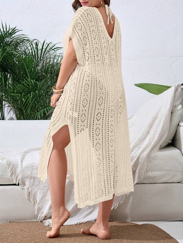 Saída De Praia Kaftan Longo Em Crochê Com Transparência Plus Size