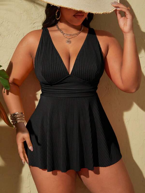 Tankini Decote V Canelado Transpassado Alongado Plus Size