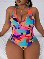 Maiô Frente Única Franzido Estampado Resort Plus Size