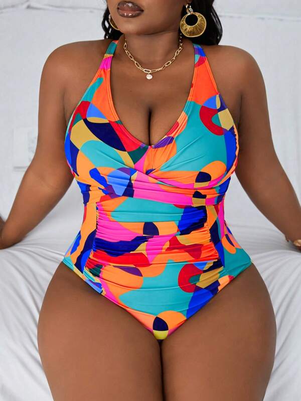 Maiô Frente Única Franzido Estampado Resort Plus Size