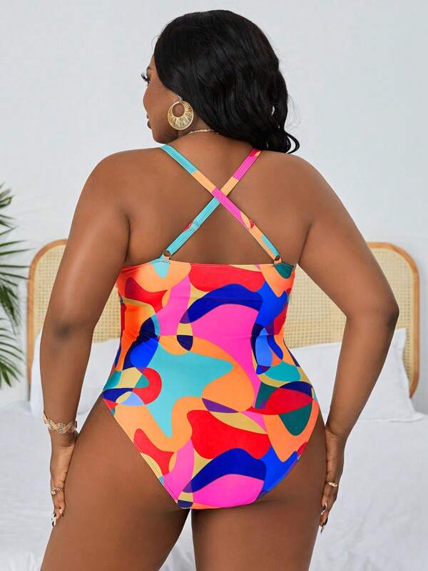 Maiô Frente Única Franzido Estampado Resort Plus Size