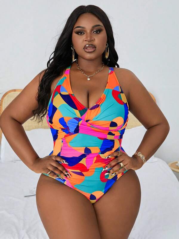 Maiô Frente Única Franzido Estampado Resort Plus Size