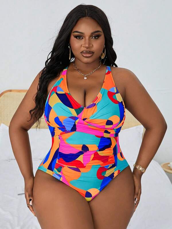 Maiô Frente Única Franzido Estampado Resort Plus Size
