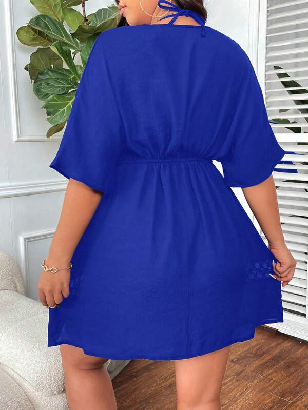 Saída De Praia Kaftan Curto Com Vazados E Amarração Plus Size