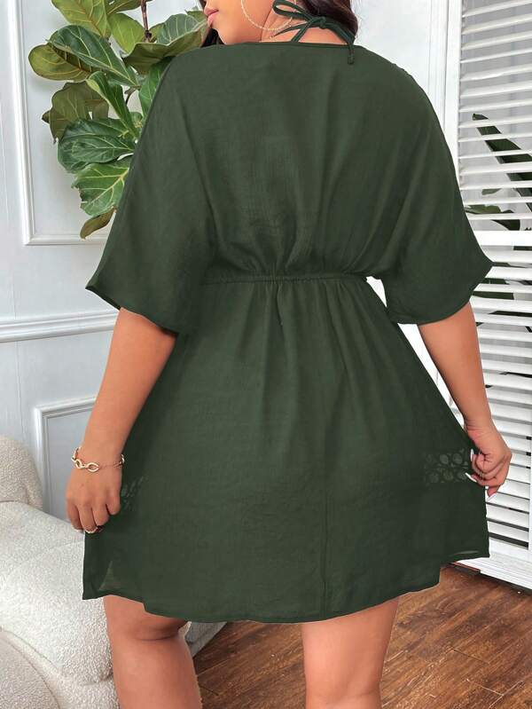 Saída De Praia Kaftan Curto Com Vazados E Amarração Plus Size