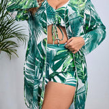 Conjunto Estampado Tropical Com Kimono E Shorts Plus Size