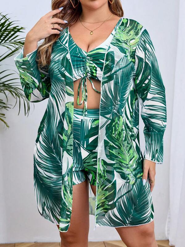 Conjunto Estampado Tropical Com Kimono E Shorts Plus Size