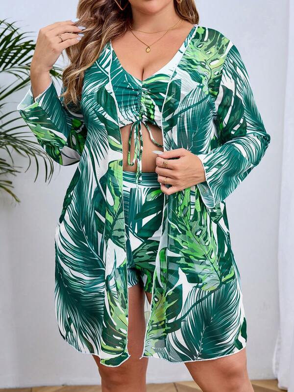 Conjunto Estampado Tropical Com Kimono E Shorts Plus Size