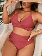 Biquíni Frente Única Cintura Alta Drapeado Canelado Plus Size