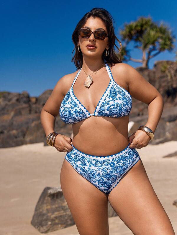 Biquíni Frente Única Cintura Alta Estampado Clássico Plus Size