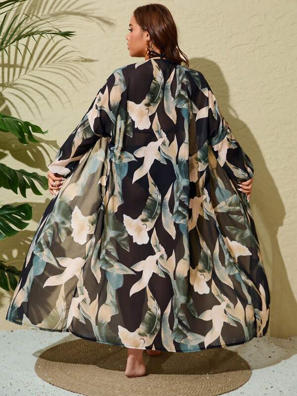 Saída De Praia Kimono Longo Estampado Com Amarração Plus Size