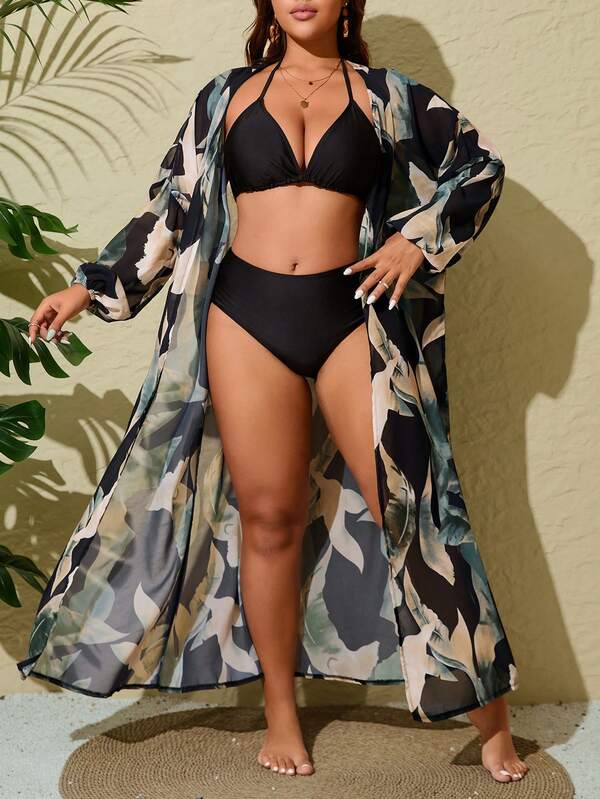 Saída De Praia Kimono Longo Estampado Com Amarração Plus Size