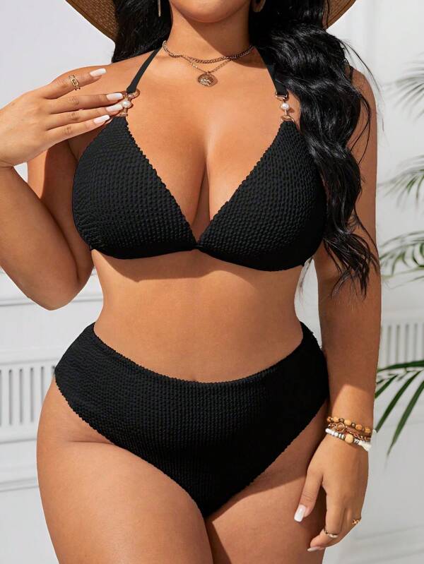 Biquíni Frente Única Cintura Alta Com Argolas Plus Size