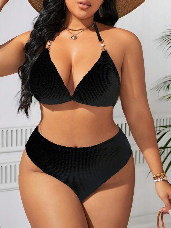 Biquíni Frente Única Cintura Alta Com Argolas Plus Size