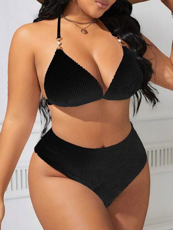 Biquíni Frente Única Cintura Alta Com Argolas Plus Size