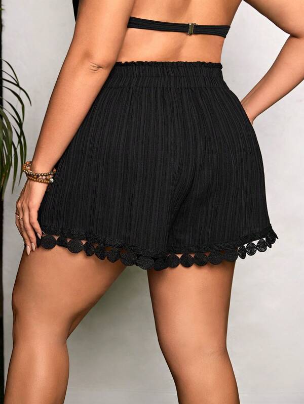 Saída De Praia Short Texturizado Com Amarração E Guipir Plus Size