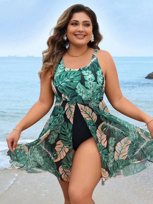 Maiô Regata Estampado Tropical Com Saia Modelador Plus Size