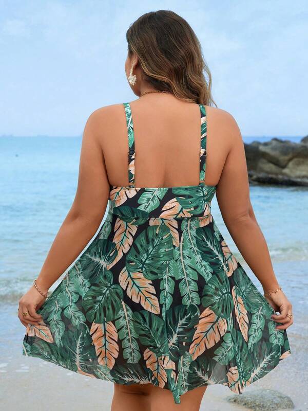 Maiô Regata Estampado Tropical Com Saia Modelador Plus Size