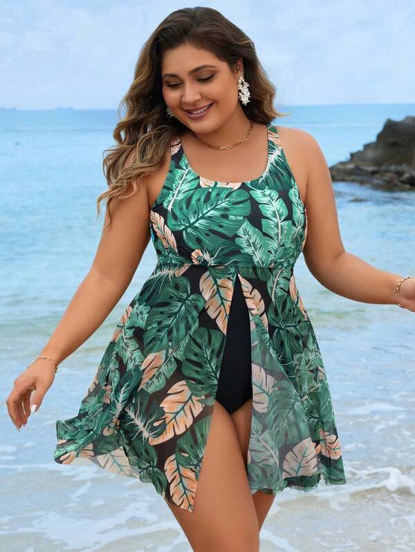 Maiô Regata Estampado Tropical Com Saia Modelador Plus Size