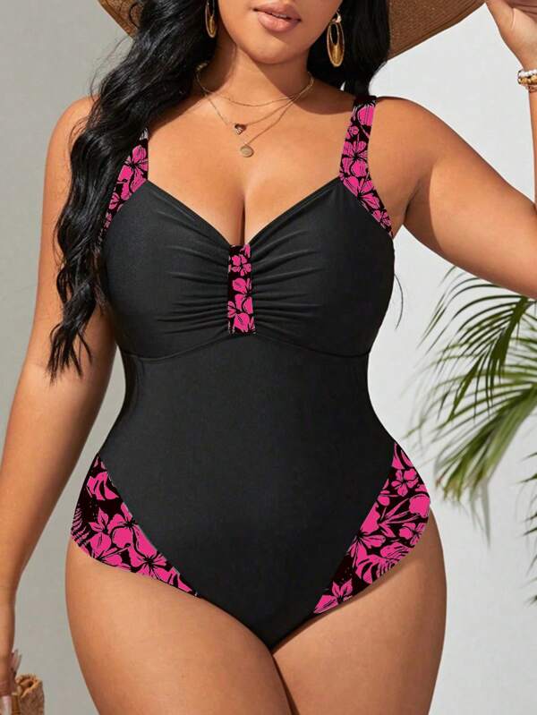 Maiô Regata Franzido Estampado Floral Modelador Plus Size