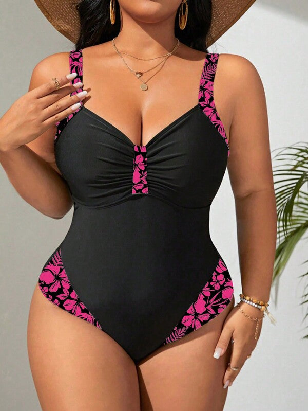 Maiô Regata Franzido Estampado Floral Modelador Plus Size