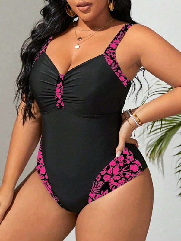 Maiô Regata Franzido Estampado Floral Modelador Plus Size