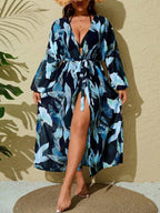 Saída De Praia Kimono Longo Estampado Com Amarração Plus Size