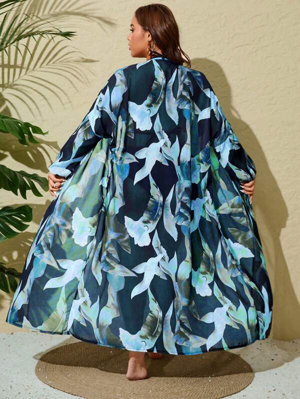 Saída De Praia Kimono Longo Estampado Com Amarração Plus Size