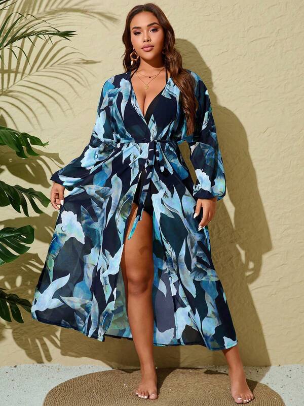 Saída De Praia Kimono Longo Estampado Com Amarração Plus Size