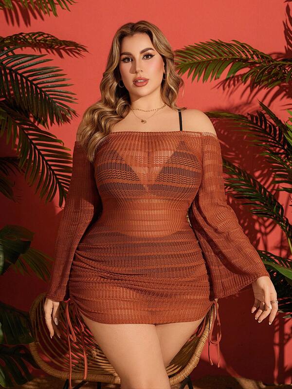 Saída De Praia Crochê Curta Ombro A Ombro Com Amarração Plus Size