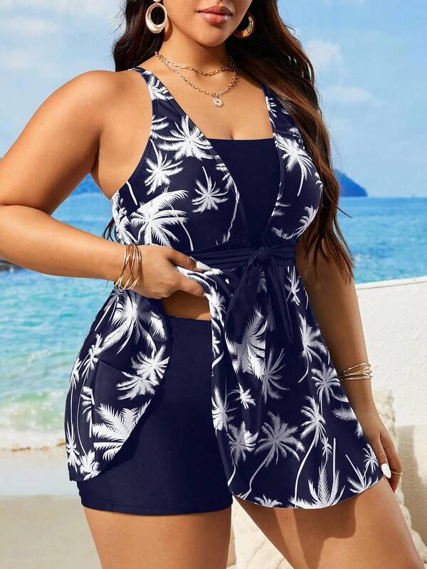 Tankini Decote V Com Faixa Ajustável Alongado Plus Size