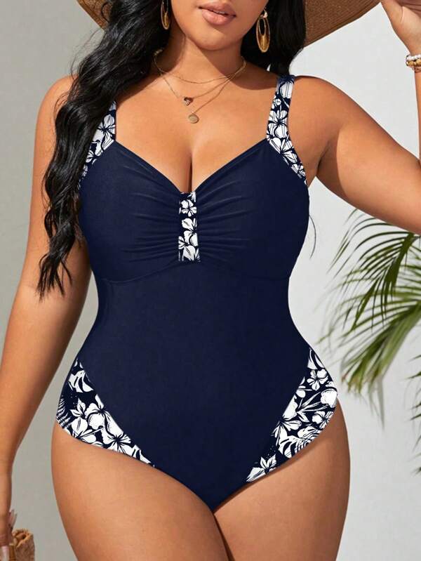 Maiô Regata Franzido Estampado Floral Modelador Plus Size