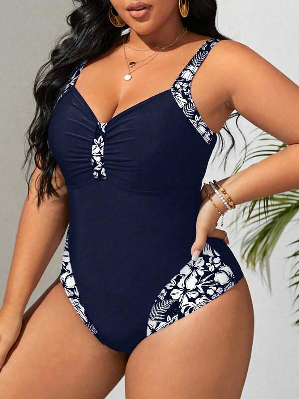Maiô Regata Franzido Estampado Floral Modelador Plus Size