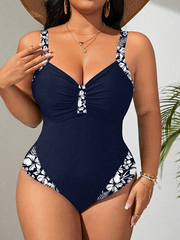 Maiô Regata Franzido Estampado Floral Modelador Plus Size