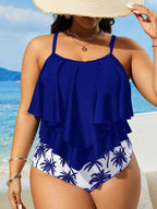 Tankini Alças Finas Com Babados Em Camadas Solto Plus Size