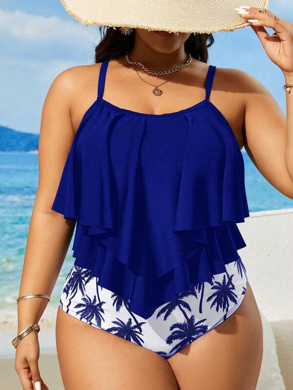 Tankini Alças Finas Com Babados Em Camadas Solto Plus Size