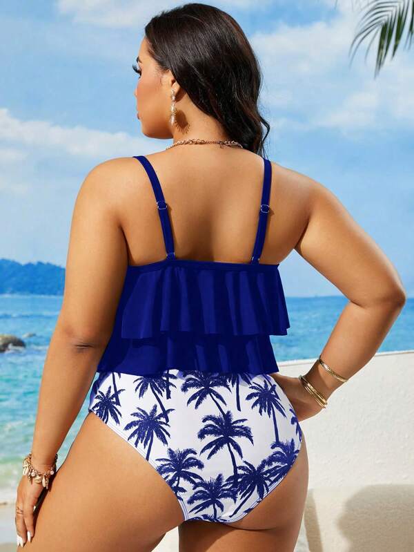 Tankini Alças Finas Com Babados Em Camadas Solto Plus Size