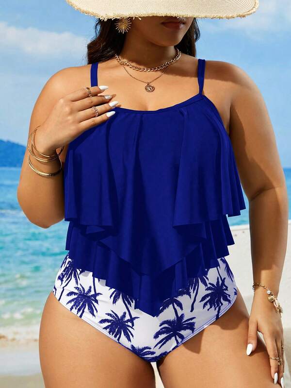 Tankini Alças Finas Com Babados Em Camadas Solto Plus Size