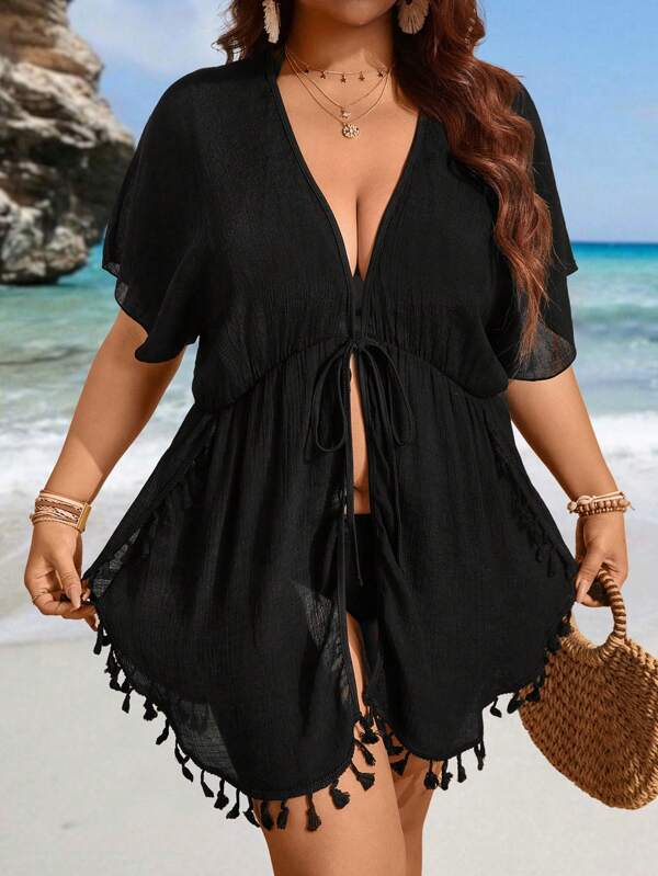 Saída De Praia Curta Com Amarração E Franjas Plus Size