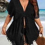 Saída De Praia Curta Com Amarração E Franjas Plus Size